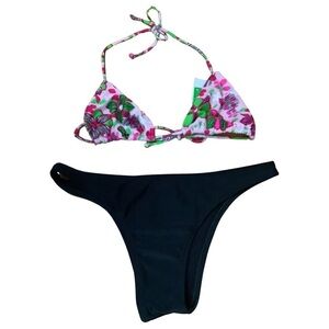 Recco Size Medium Brazilian Pink and Black Floral Print Bikini. New With Tags